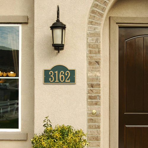 Handcrafted green and gold arched rectangle address plaque with bold numbers, designed to enhance curb appeal, made in USA, featured in Home & Decor, Household Helpers, and Mailboxes and Address Signs collections.
