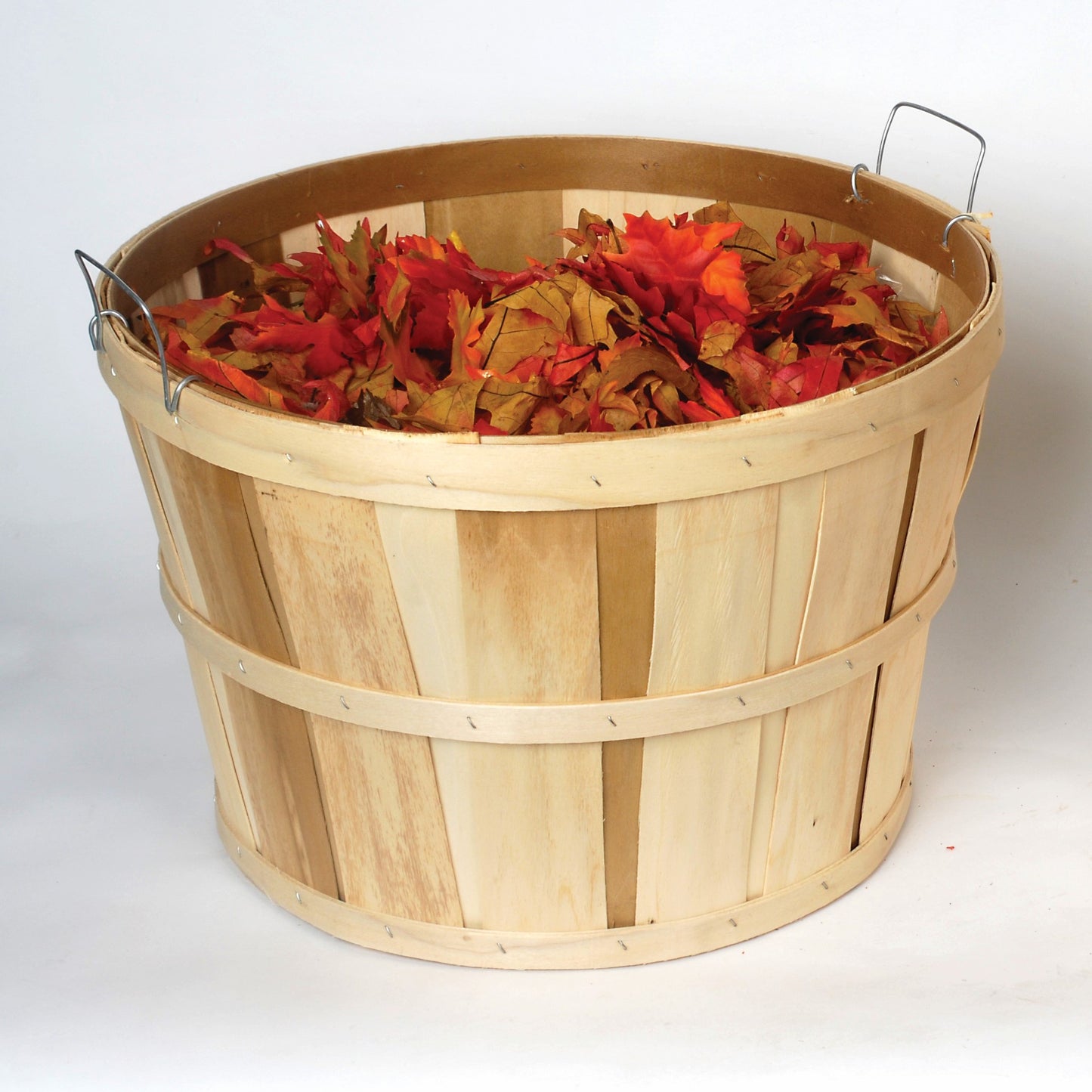 Handcrafted Old-Time Poplar bushel basket made in USA with untreated poplar wood and metal wire accents, filled with colorful autumn leaves, ideal for Farm, Garden & Tool and Garden Accessories collections.