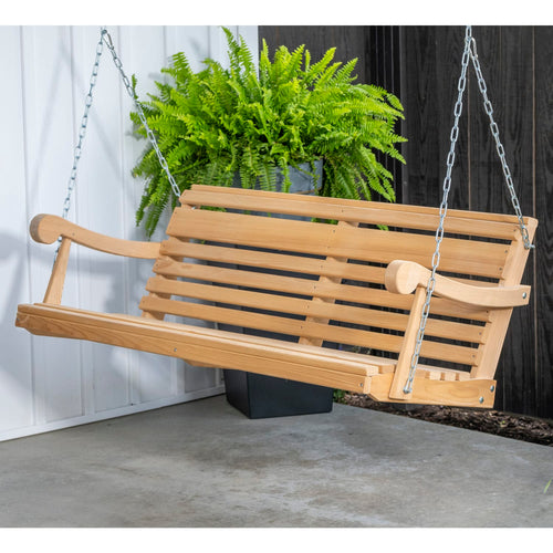 Handcrafted 5-foot cypress porch swing with slatted seat and back, suspended by chains, made in USA Amish style for outdoor furniture in Home & Decor collections.