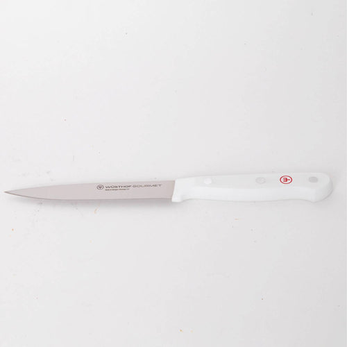 Slim stainless steel knife with a sharp pointed blade and ergonomic white handle, designed for precise trimming and food prep, ideal for Kitchen & Food, Food Prep, and Knives & Axes collections.