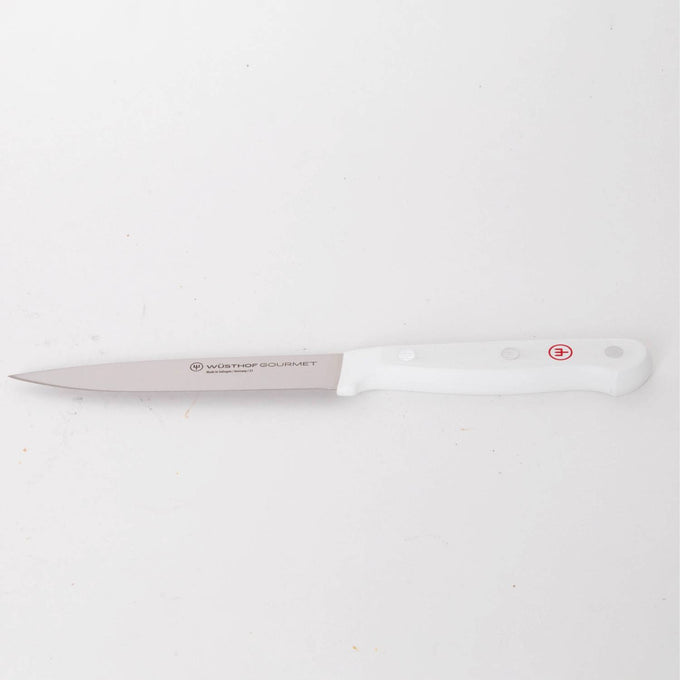 Slim stainless steel knife with a sharp pointed blade and ergonomic white handle, designed for precise trimming and food prep, ideal for Kitchen & Food, Food Prep, and Knives & Axes collections.