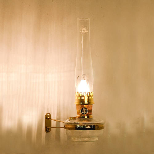 Handcrafted clear glass wall oil lamp with brass accents, designed for space-saving illumination; ideal for Farm, Garden & Tool, Lamps & Lighting, and Emergency Supplies collections.
