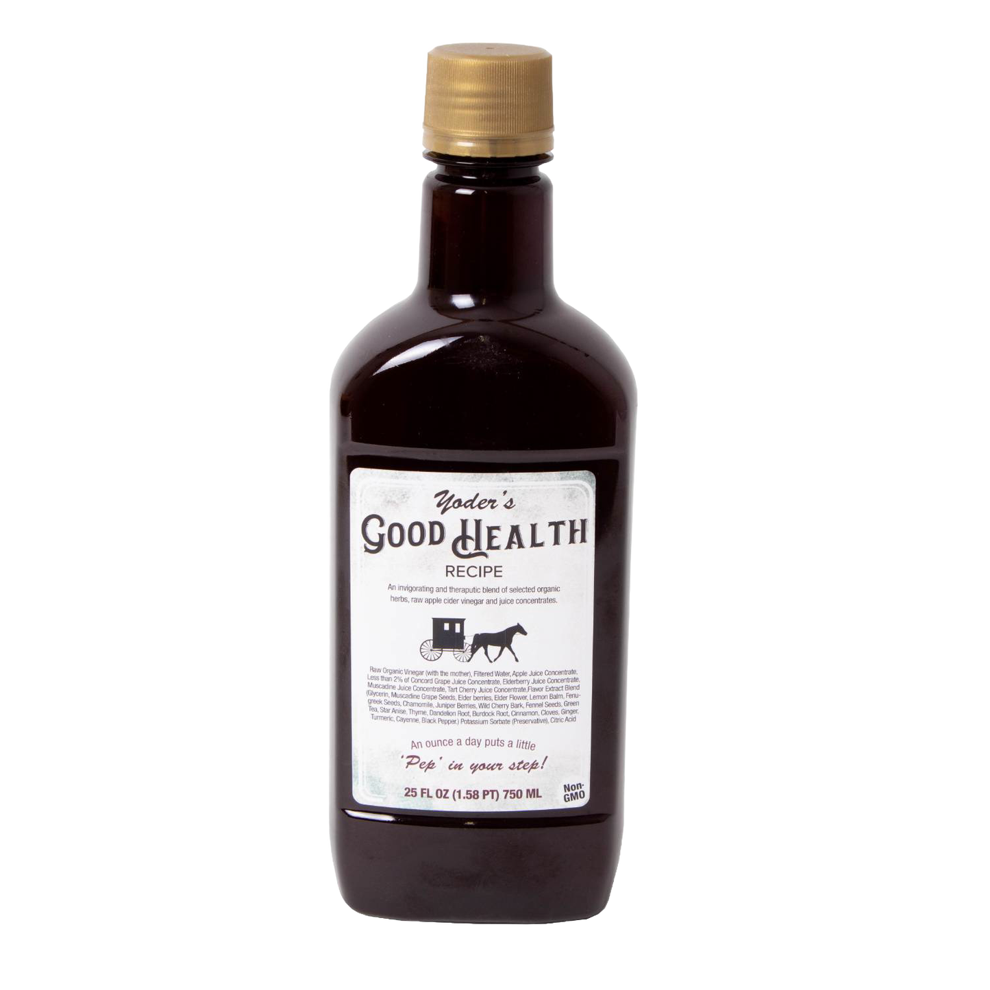 Brown glass bottle of handcrafted health tonic blend with gold cap, featuring organic herbs, raw apple cider vinegar, and juice concentrates, made in USA for Health & Wellness.