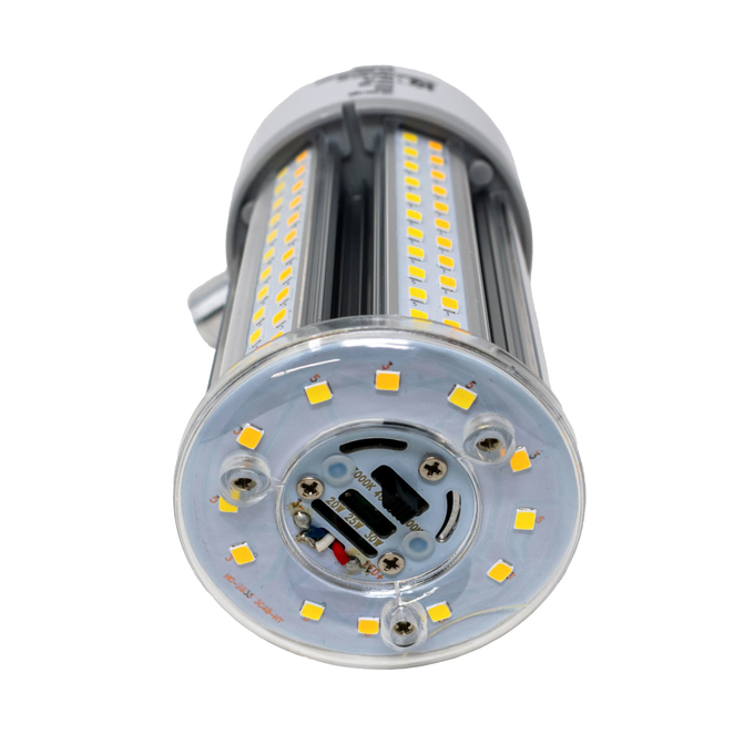 Cylindrical 20W LED corn bulb featuring multiple yellow LED chips arranged on clear panels and base, designed for energy-efficient, long-lasting lighting in Lamps & Lighting collections.