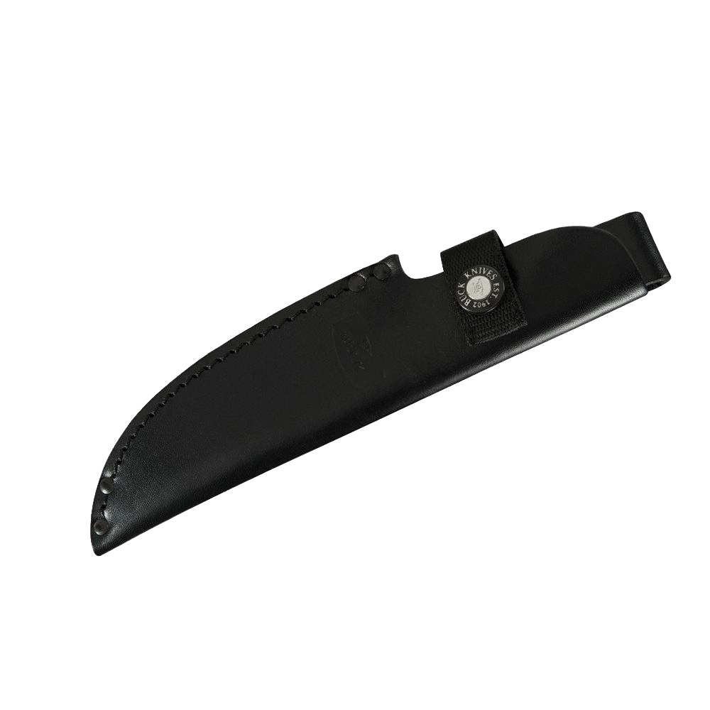 Black leather sheath with reinforced stitching and snap closure, designed to securely hold a fixed blade camping knife, suitable for Farm, Garden & Tool and Camping collections.