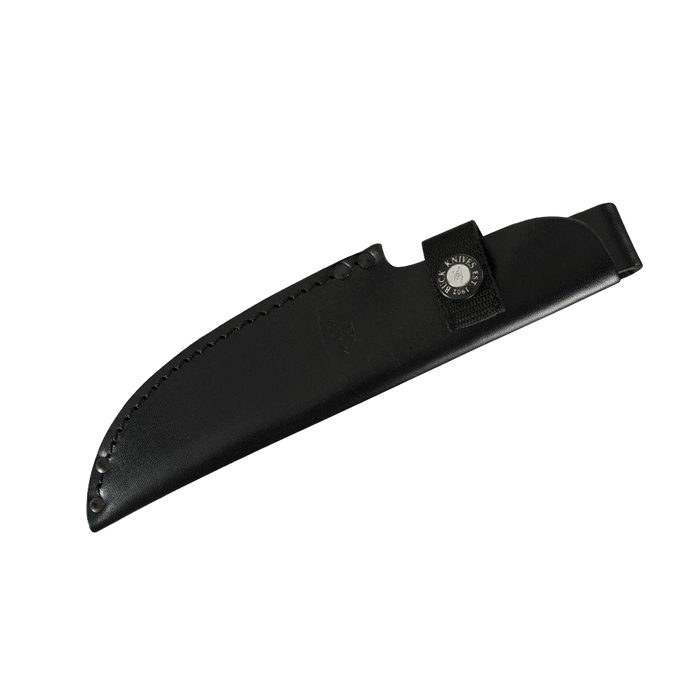 Black leather sheath with reinforced stitching and snap closure, designed to securely hold a fixed blade camping knife, suitable for Farm, Garden & Tool and Camping collections.