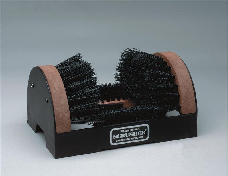 Heavy-duty shoe brush with nylon bristles on a steel frame and wooden accents, designed to clean dirt from shoe soles and sides; handcrafted in the USA, ideal for Home & Decor and Household Cleaning collections.