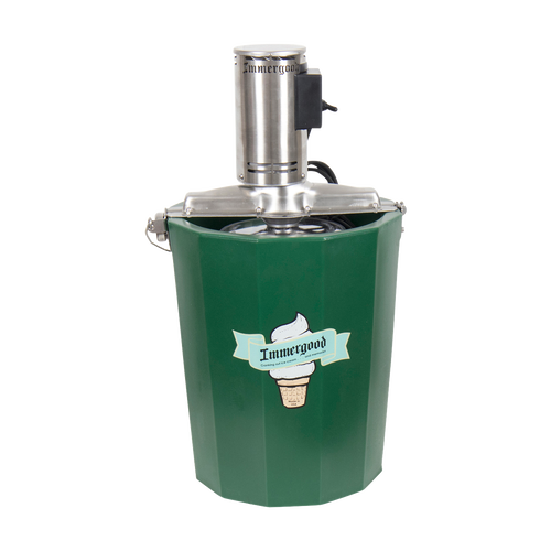 Green insulated fiberglass ice cream freezer with stainless steel electric motor, ideal for Kitchen & Food, Specialty Equipment, Making Ice Cream, Best Sellers, and Promo Eligible collections.