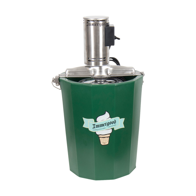 Green insulated fiberglass ice cream freezer with stainless steel electric motor, ideal for Kitchen & Food, Specialty Equipment, Making Ice Cream, Best Sellers, and Promo Eligible collections.