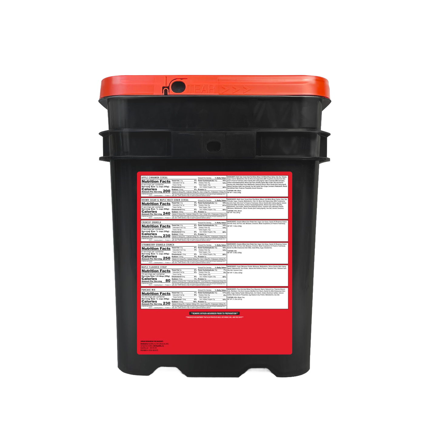 Black emergency food bucket with orange lid showing detailed nutrition facts label, designed for long-term storage in emergency supplies, Kitchen & Food, and Pantry collections.