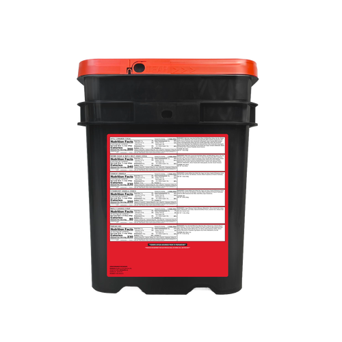 Black emergency food bucket with orange lid showing detailed nutrition facts label, designed for long-term storage in emergency supplies, Kitchen & Food, and Pantry collections.