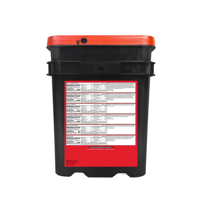 Black emergency food bucket with orange lid showing detailed nutrition facts label, designed for long-term storage in emergency supplies, Kitchen & Food, and Pantry collections.
