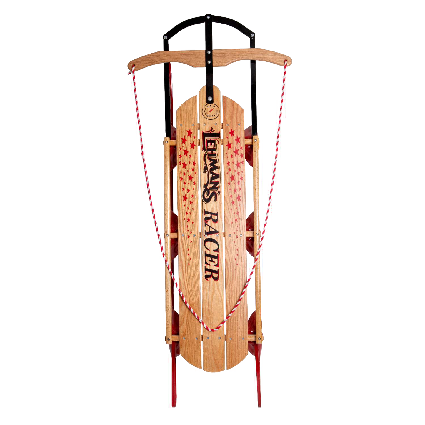 Handcrafted Amish made Lehman's Racer sled featuring smooth solid oak wood, red metal runners, and sturdy braided rope, perfect for outdoor play and USA Made children’s toys.