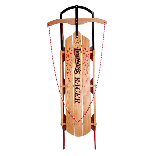 Handcrafted Amish made Lehman's Racer sled featuring smooth solid oak wood, red metal runners, and sturdy braided rope, perfect for outdoor play and USA Made children’s toys.