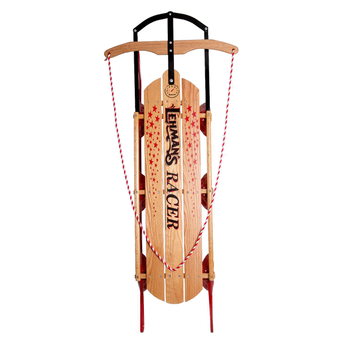 Handcrafted Amish made Lehman's Racer sled featuring smooth solid oak wood, red metal runners, and sturdy braided rope, perfect for outdoor play and USA Made children’s toys.