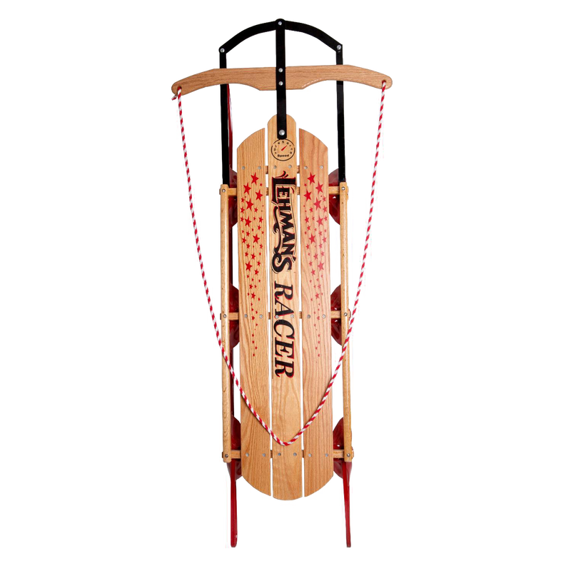 Handcrafted Amish made Lehman's Racer sled featuring smooth solid oak wood, red metal runners, and sturdy braided rope, perfect for outdoor play and USA Made children’s toys.