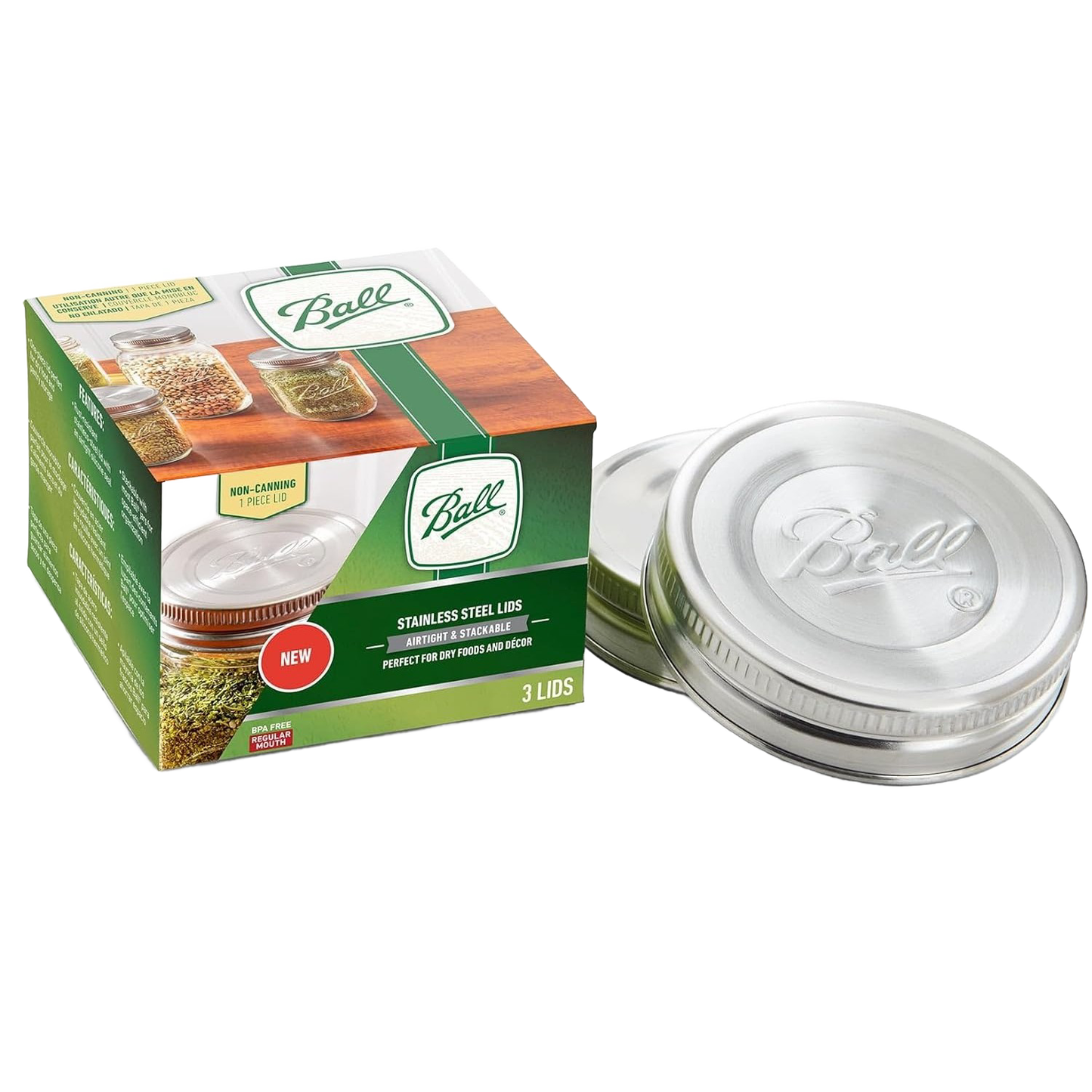 Set of three stainless steel jar lids with airtight silicone gaskets, designed for preserving dry goods in regular mouth jars, featured in Kitchen & Food and Storage and Serving collections.