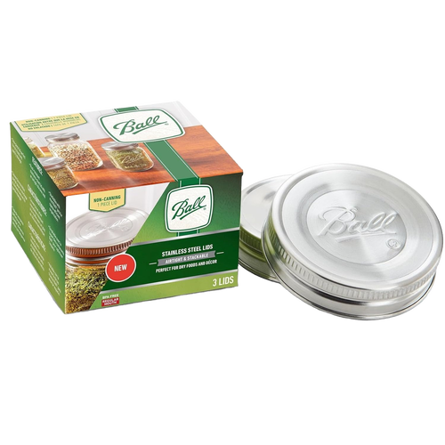 Set of three stainless steel jar lids with airtight silicone gaskets, designed for preserving dry goods in regular mouth jars, featured in Kitchen & Food and Storage and Serving collections.