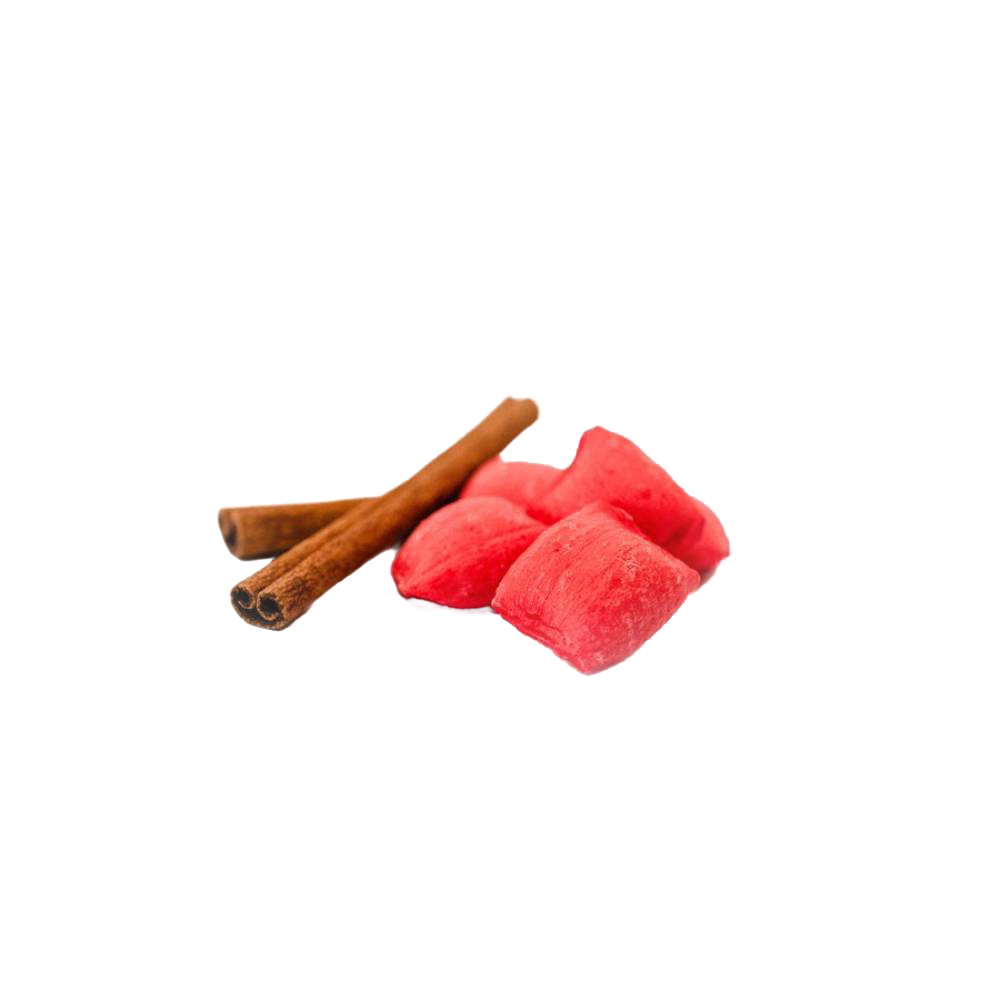 Two cinnamon sticks placed next to three soft, airy red sugar puffs, representing a light, handmade sweet treat from USA Made, Snacks and Sweets collection.