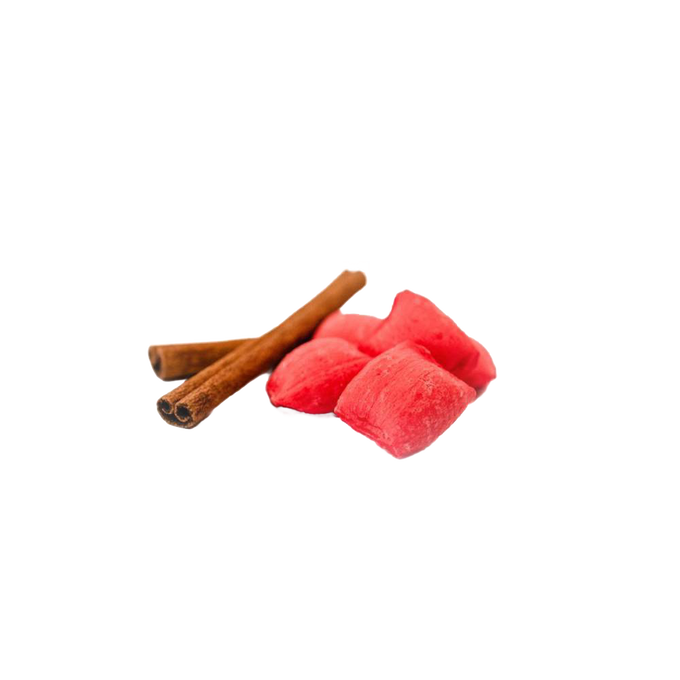 Two cinnamon sticks placed next to three soft, airy red sugar puffs, representing a light, handmade sweet treat from USA Made, Snacks and Sweets collection.