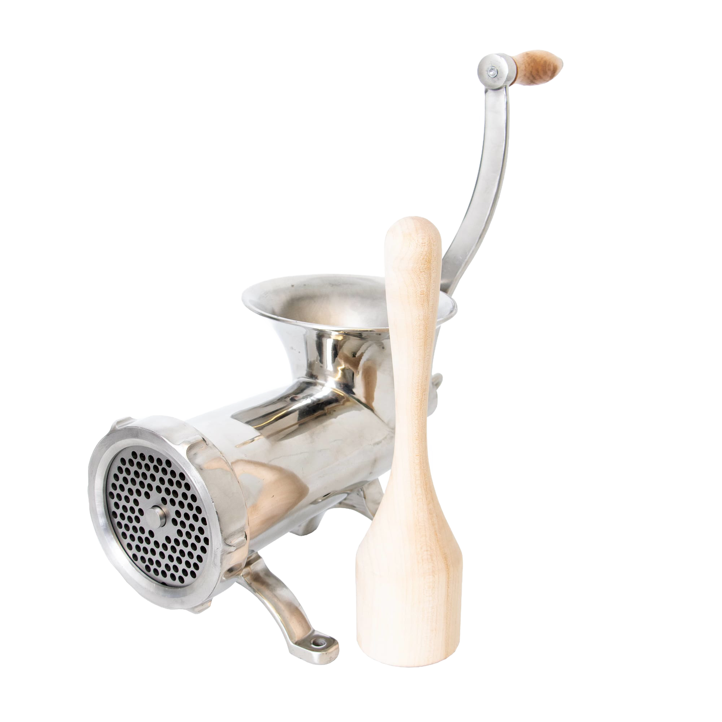 Handcrafted smoothly sanded hardwood stomper beside a polished metal meat grinder, highlighting Amish made quality and USA craftsmanship in Kitchen & Food, Specialty Equipment, and Butchering Supplies collections.