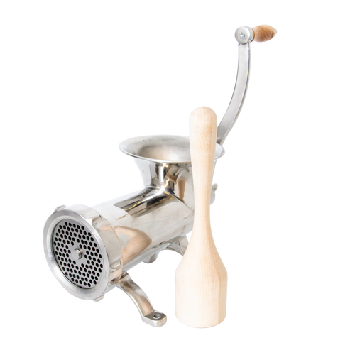 Handcrafted smoothly sanded hardwood stomper beside a polished metal meat grinder, highlighting Amish made quality and USA craftsmanship in Kitchen & Food, Specialty Equipment, and Butchering Supplies collections.