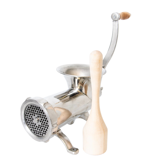 Handcrafted smoothly sanded hardwood stomper beside a polished metal meat grinder, highlighting Amish made quality and USA craftsmanship in Kitchen & Food, Specialty Equipment, and Butchering Supplies collections.