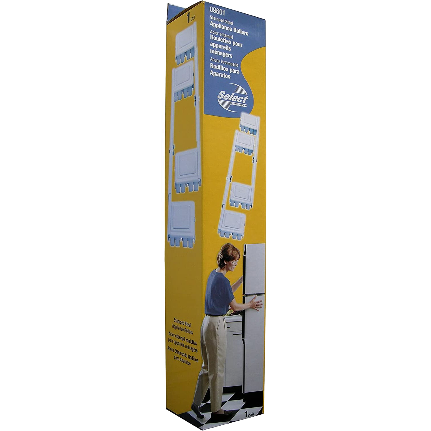 Packaging box displaying adjustable steel rollers for moving heavy appliances, designed for home use including stoves and refrigerators, featured in Home & Decor and Appliance collections.