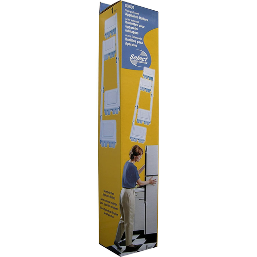 Packaging box displaying adjustable steel rollers for moving heavy appliances, designed for home use including stoves and refrigerators, featured in Home & Decor and Appliance collections.