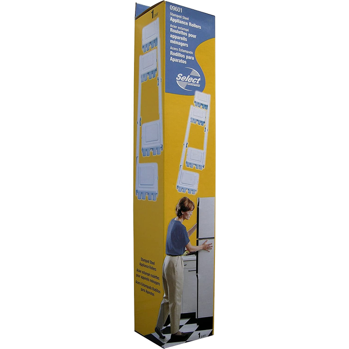 Packaging box displaying adjustable steel rollers for moving heavy appliances, designed for home use including stoves and refrigerators, featured in Home & Decor and Appliance collections.