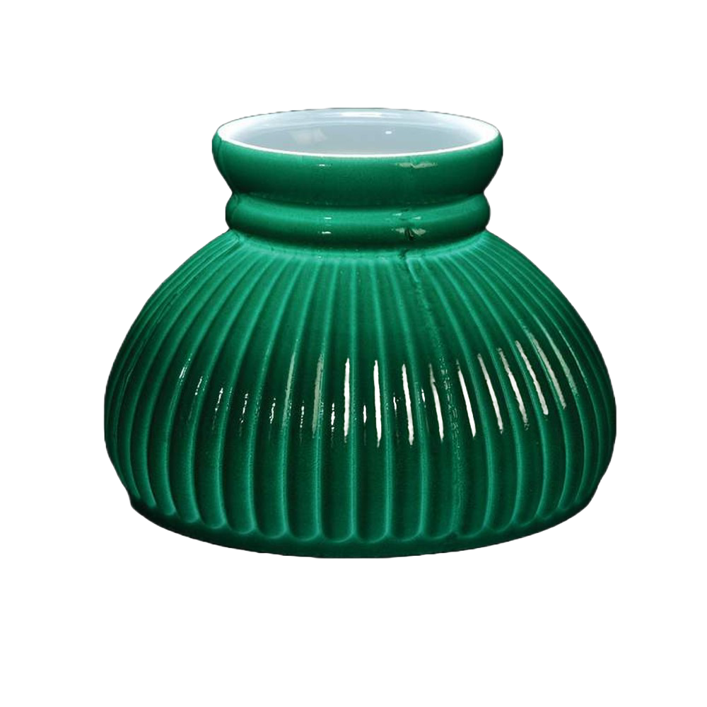 Hand blown American-made opal glass ribbed lamp shade in rich green with a sprayed dark top, designed for oil lamps, featured in Lamps & Lighting, Parts and Accessories, and Best Sellers collections.