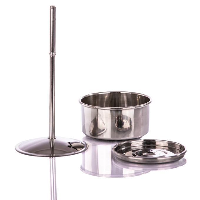 Stainless steel percolator parts including a brewing basket, filter plate, and pump rod, designed for gentle coffee and tea preparation, ideal for Camping, Kitchen & Food, and Brewing Coffee and Tea collections.