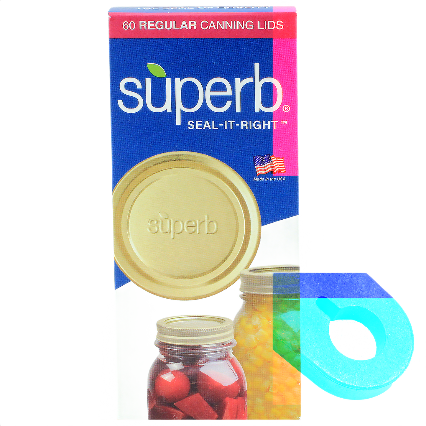 Box of 60 gold-tone regular mouth canning lids embossed with "superb," featuring Seal-It-Right™ technology, made in USA for Kitchen & Food, Food Preservation, and Canning collections.