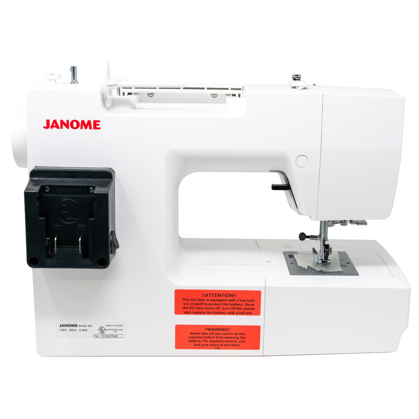 Compact white mechanical sewing machine designed to run on Milwaukee or DeWalt tool batteries, ideal for extended use in sewing and quilting, homesteading, and farm collections.