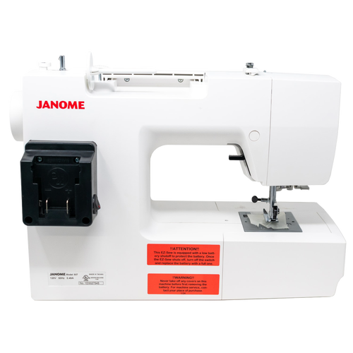 Compact white mechanical sewing machine designed to run on Milwaukee or DeWalt tool batteries, ideal for extended use in sewing and quilting, homesteading, and farm collections.