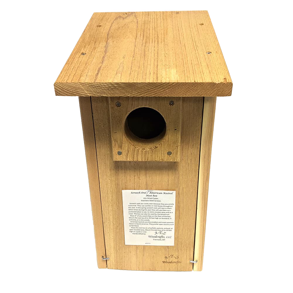 Handcrafted screech owl and kestrel nest box made from unfinished kiln-dried cedar with front access for easy cleaning, ideal for farm, garden, and USA made collections.