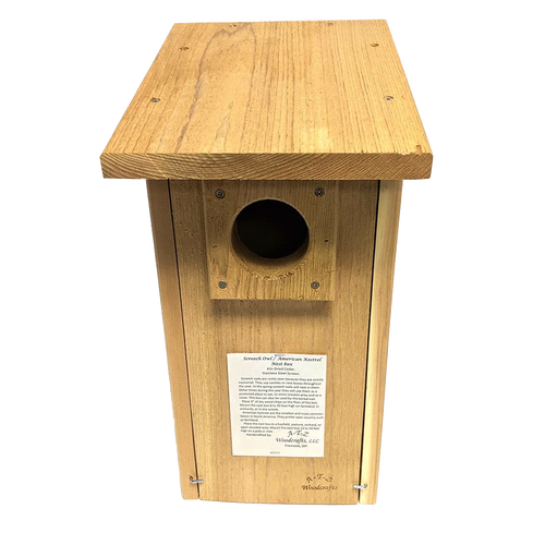Handcrafted screech owl and kestrel nest box made from unfinished kiln-dried cedar with front access for easy cleaning, ideal for farm, garden, and USA made collections.