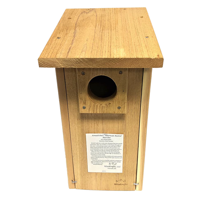 Handcrafted screech owl and kestrel nest box made from unfinished kiln-dried cedar with front access for easy cleaning, ideal for farm, garden, and USA made collections.