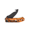 Compact hunting knife with anodized black gut hook blade and orange camouflage handle featuring cutouts and locking mechanism, ideal for camping, pocket knives, and farm tools.