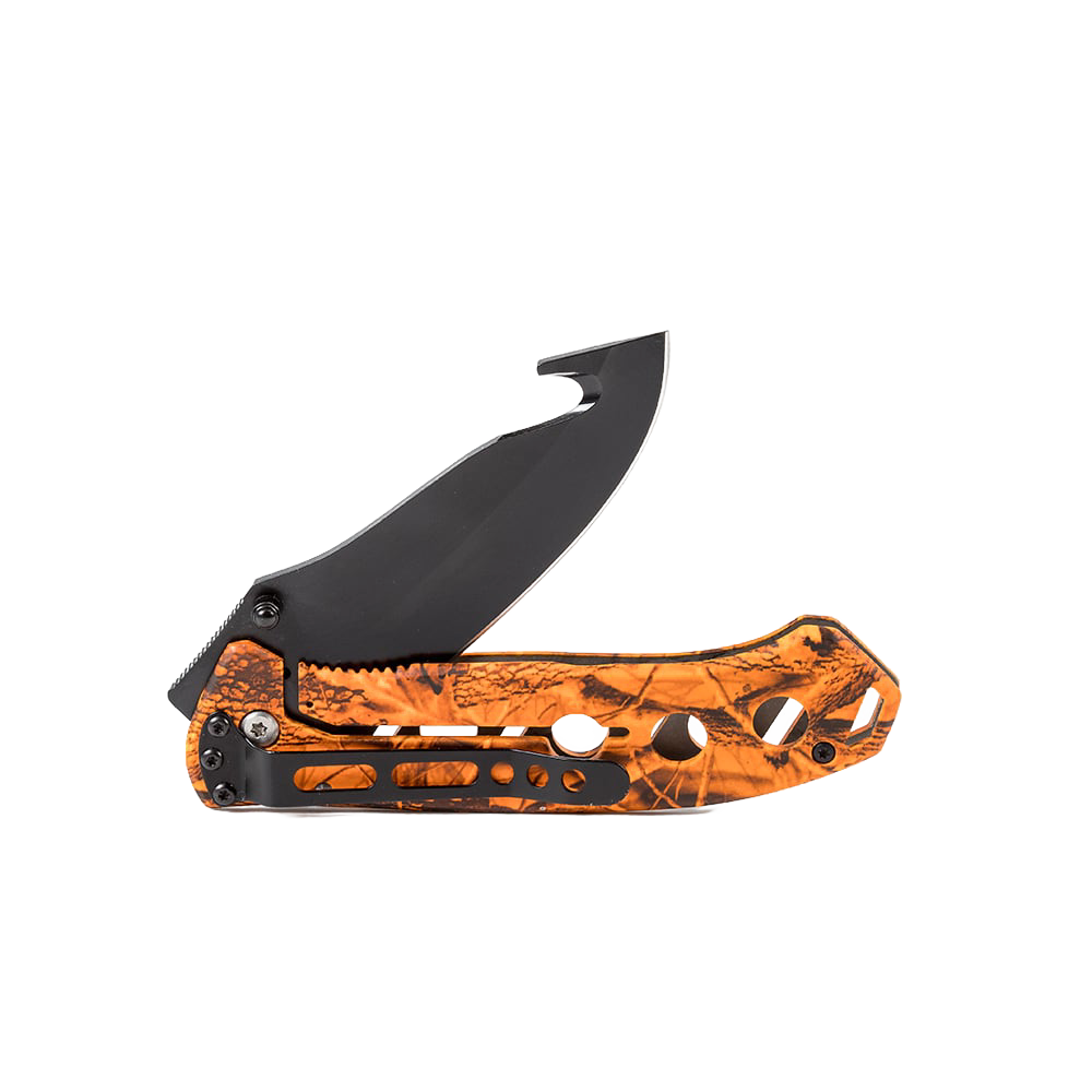 Compact hunting knife with anodized black gut hook blade and orange camouflage handle featuring cutouts and locking mechanism, ideal for camping, pocket knives, and farm tools.