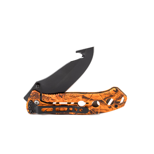 Compact hunting knife with anodized black gut hook blade and orange camouflage handle featuring cutouts and locking mechanism, ideal for camping, pocket knives, and farm tools.