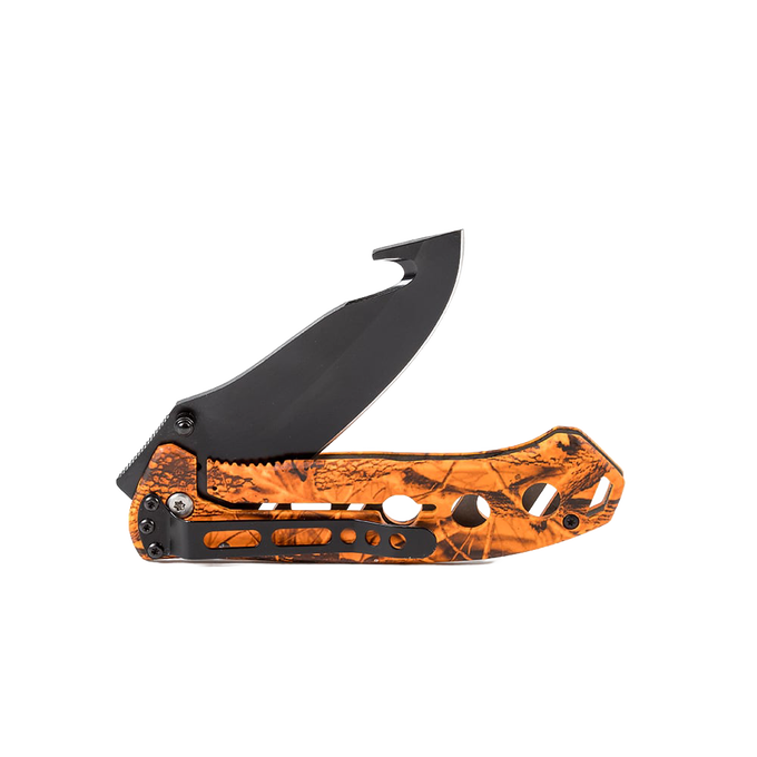 Compact hunting knife with anodized black gut hook blade and orange camouflage handle featuring cutouts and locking mechanism, ideal for camping, pocket knives, and farm tools.