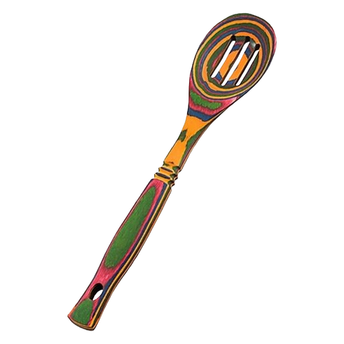 Handcrafted pakkawood slotted spoon featuring vibrant layered color patterns, sturdy and heat resistant, ideal for Kitchen & Food, Kitchen Gadgets, Cooking and Baking Helpers, Storage and Serving, Best Sellers, and Promo Eligible collections.