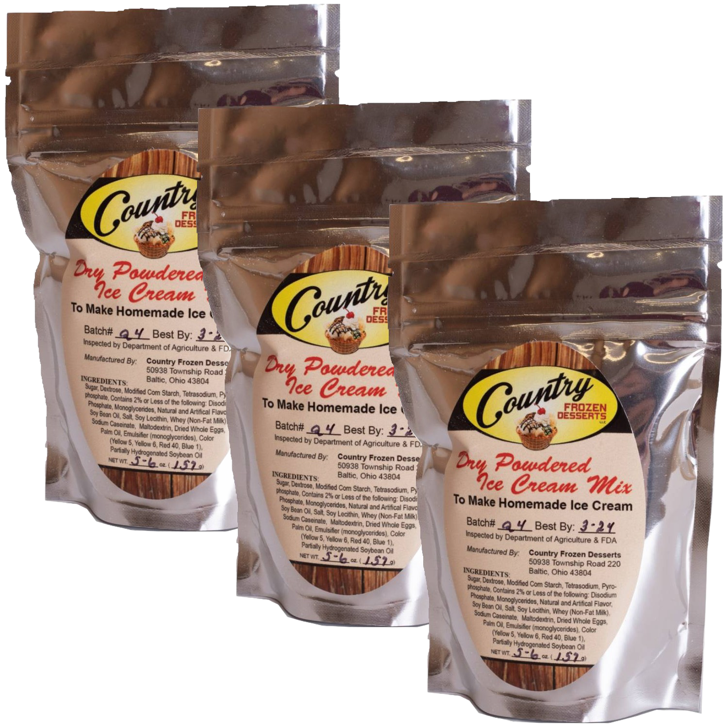 Three resealable foil pouches of handcrafted powdered ice cream mix, made in USA, featured in Kitchen & Food, Food, Dry Goods and Mixes, Specialty Equipment, and Making Ice Cream collections.