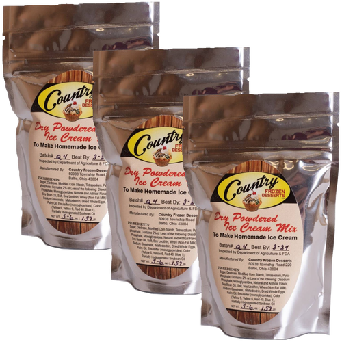 Three resealable foil pouches of handcrafted powdered ice cream mix, made in USA, featured in Kitchen & Food, Food, Dry Goods and Mixes, Specialty Equipment, and Making Ice Cream collections.