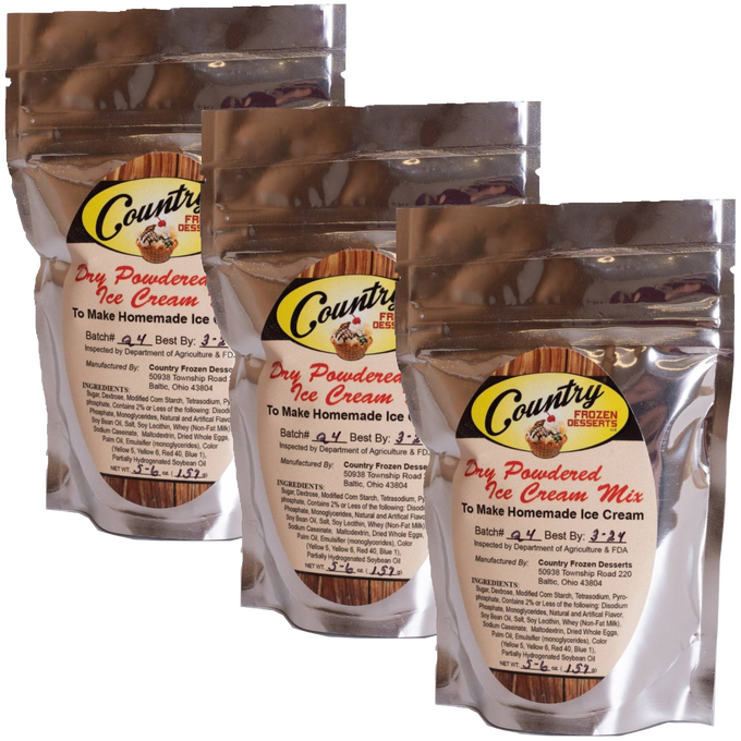 Three resealable foil pouches of handcrafted powdered ice cream mix, made in USA, featured in Kitchen & Food, Food, Dry Goods and Mixes, Specialty Equipment, and Making Ice Cream collections.