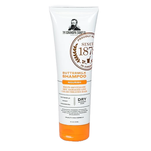 Tube of handcrafted buttermilk shampoo made in USA with nourishing honey and avocado oil, designed to revitalize dry, damaged, and color-treated hair, featured in Health & Wellness, Grooming and Personal Hygiene, USA Made, Best Sellers, and Promo Eligible collections.