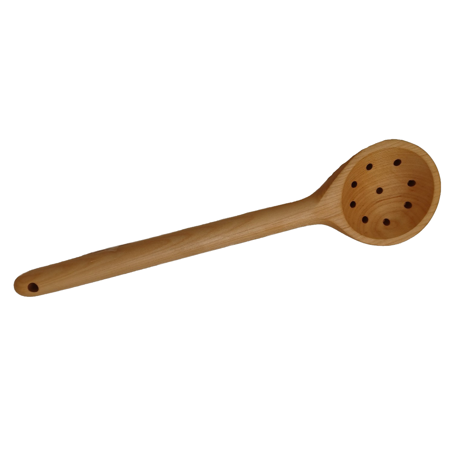 Handcrafted solid American Hard Maple wooden spoon with perforated bowl, designed for stirring and draining, ideal for Kitchen & Food, Holiday Hosting, USA Made, and Storage and Serving collections.