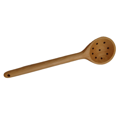 Handcrafted solid American Hard Maple wooden spoon with perforated bowl, designed for stirring and draining, ideal for Kitchen & Food, Holiday Hosting, USA Made, and Storage and Serving collections.
