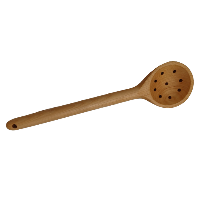 Handcrafted solid American Hard Maple wooden spoon with perforated bowl, designed for stirring and draining, ideal for Kitchen & Food, Holiday Hosting, USA Made, and Storage and Serving collections.